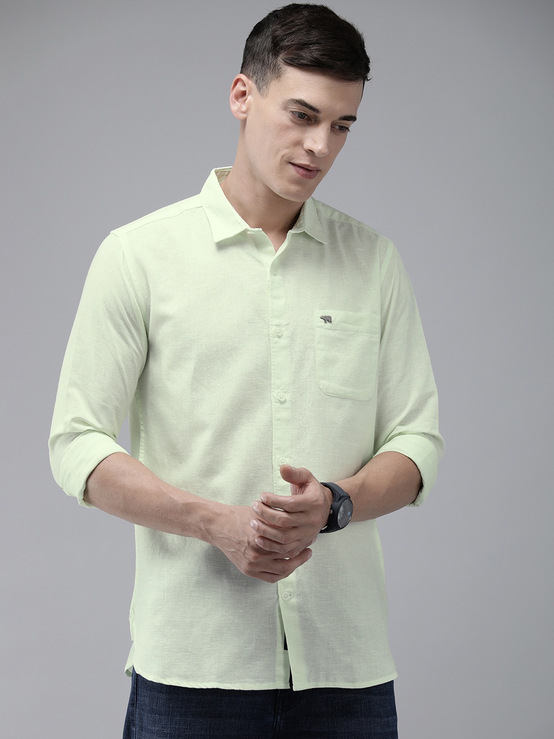 

THE BEAR HOUSE Men Green Slim Fit Cotton Linen Casual Shirt