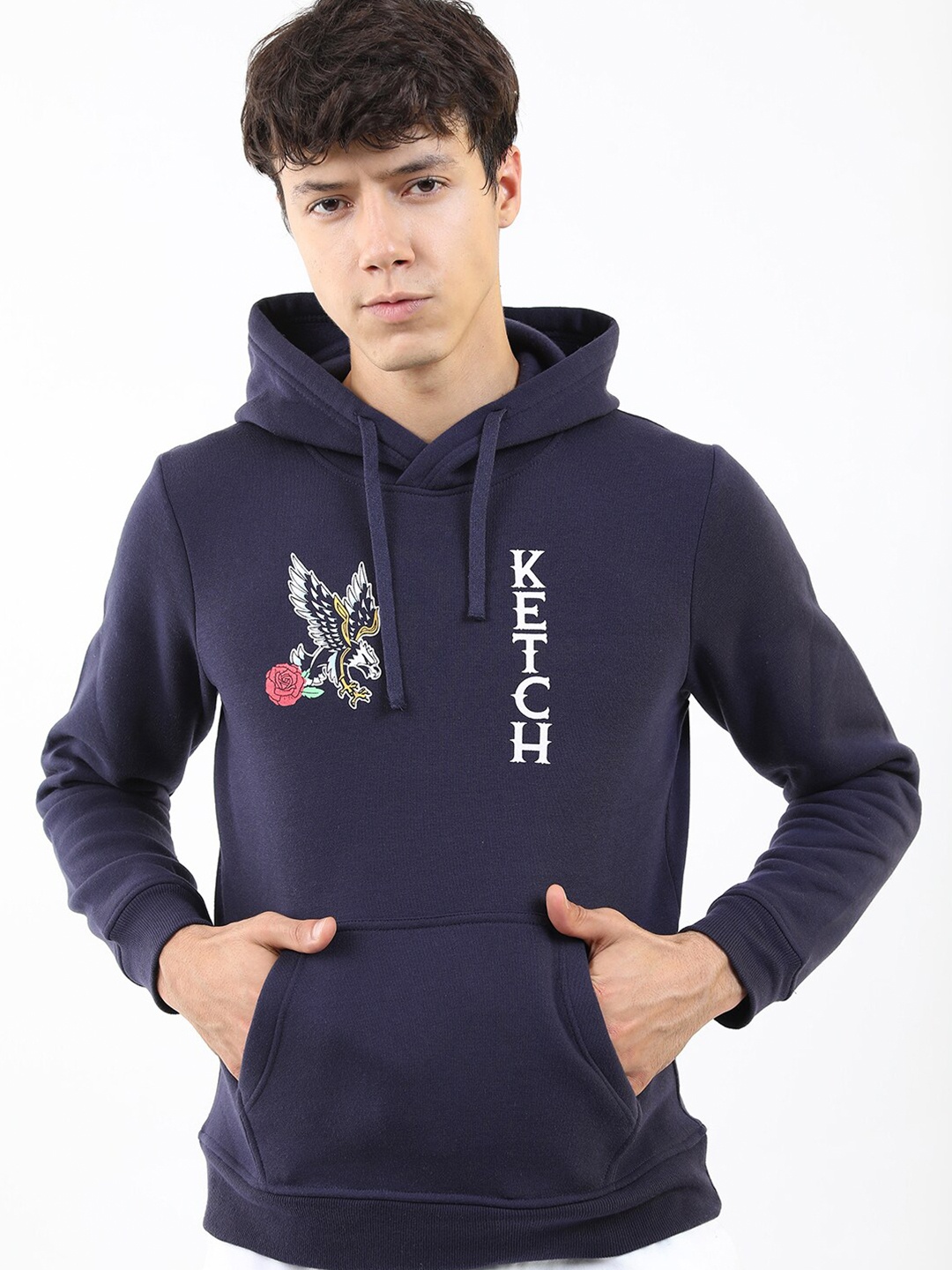 

KETCH Men Navy Blue Printed Hooded Front Open Sweatshirt