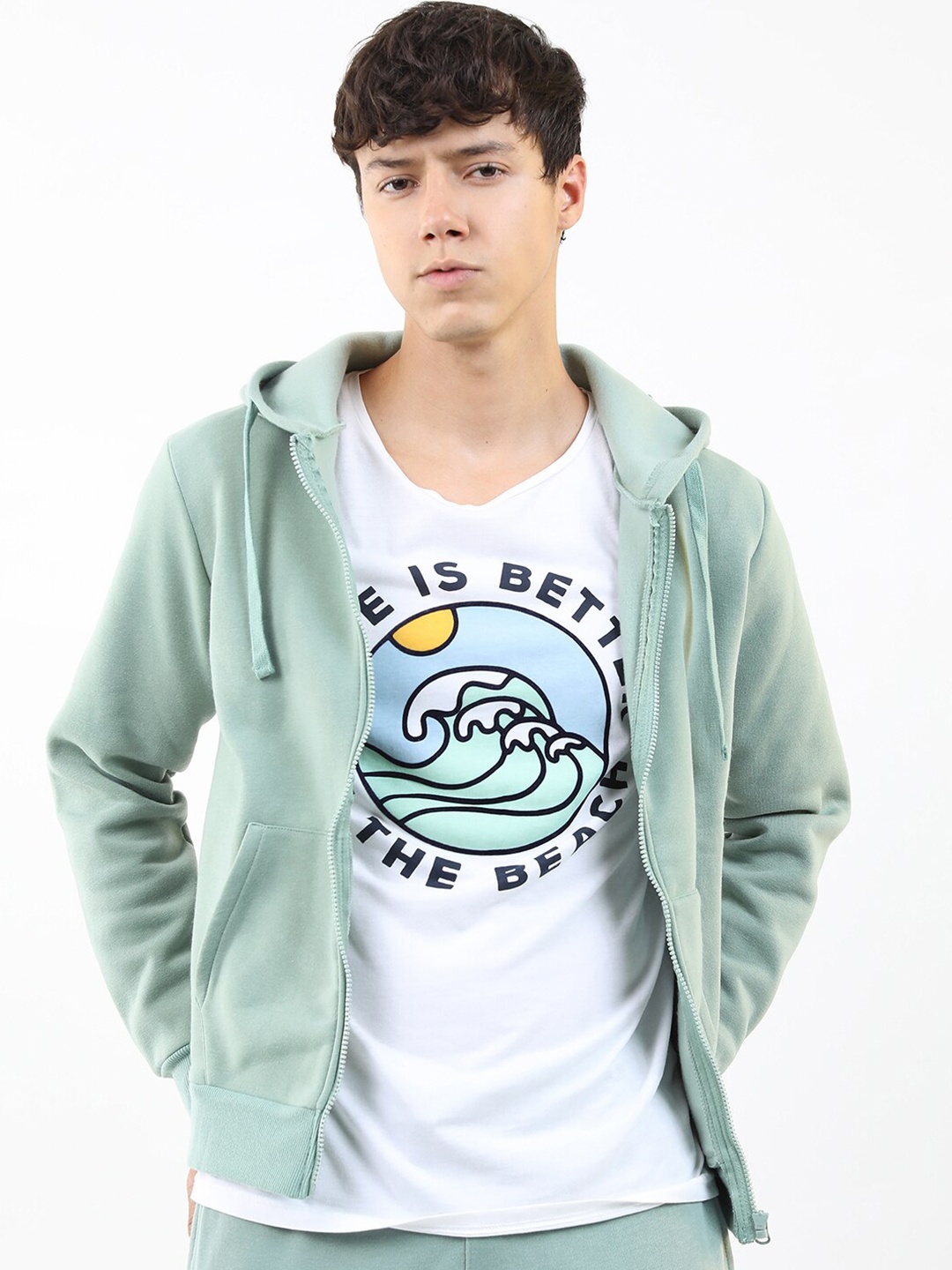

KETCH Men Sea Green Hooded Front Open Sweatshirt