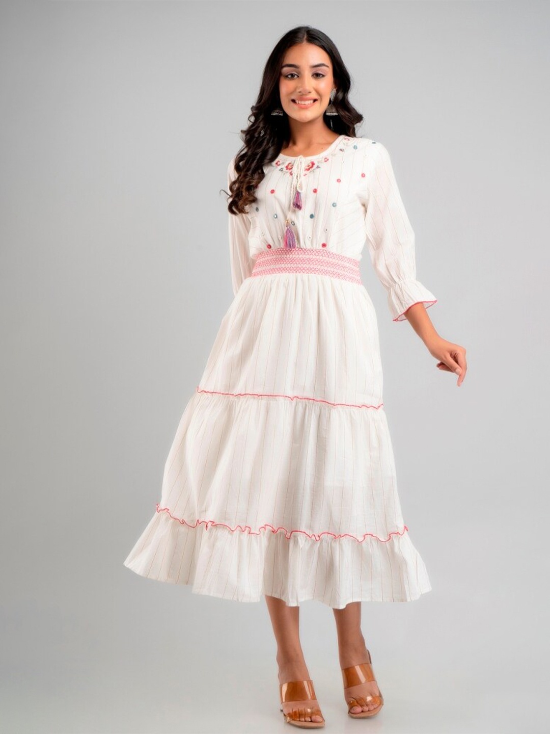 

Fusion Threads Women White Mirror Work Cotton Ethnic Dress