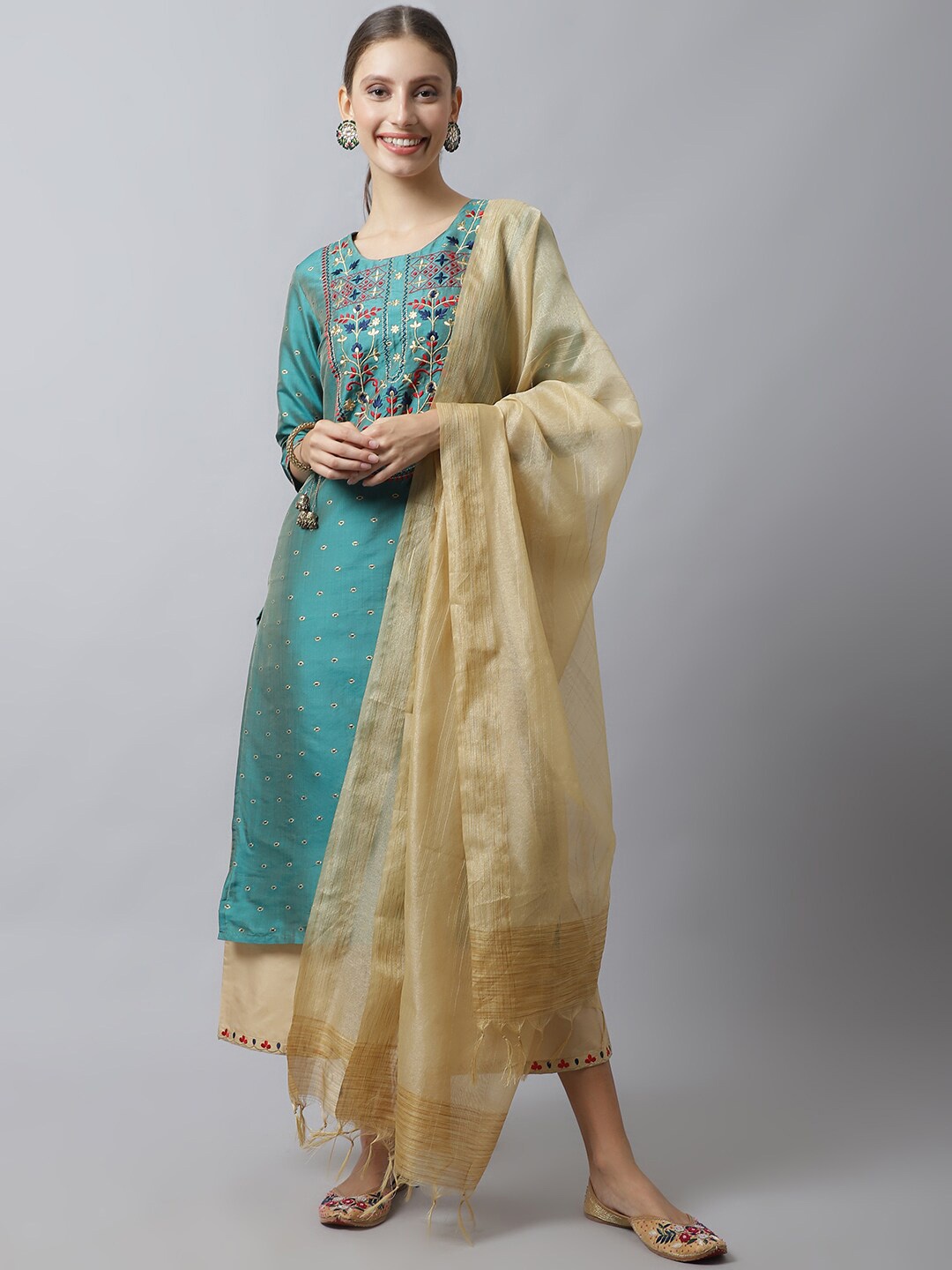 

Tulsattva Women Green Embroidered Dupion Silk Kurta With Palazzo And Dupatta