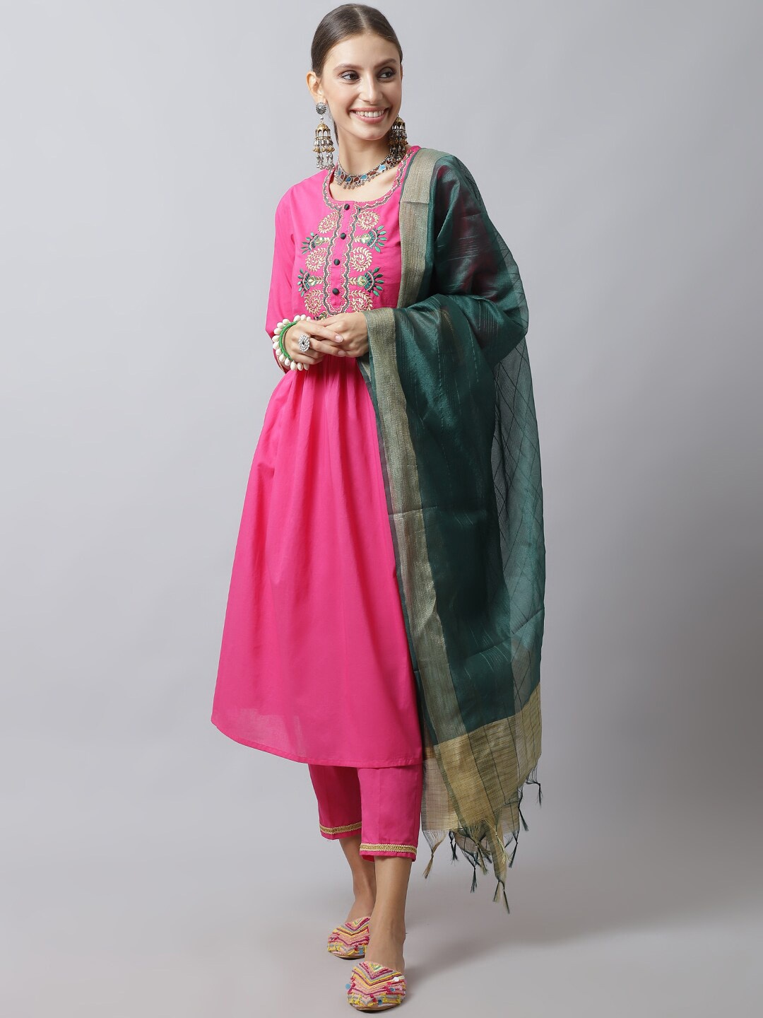 

Tulsattva Women Pink Floral Embroidered Pure Cotton Kurta with Trousers & With Dupatta