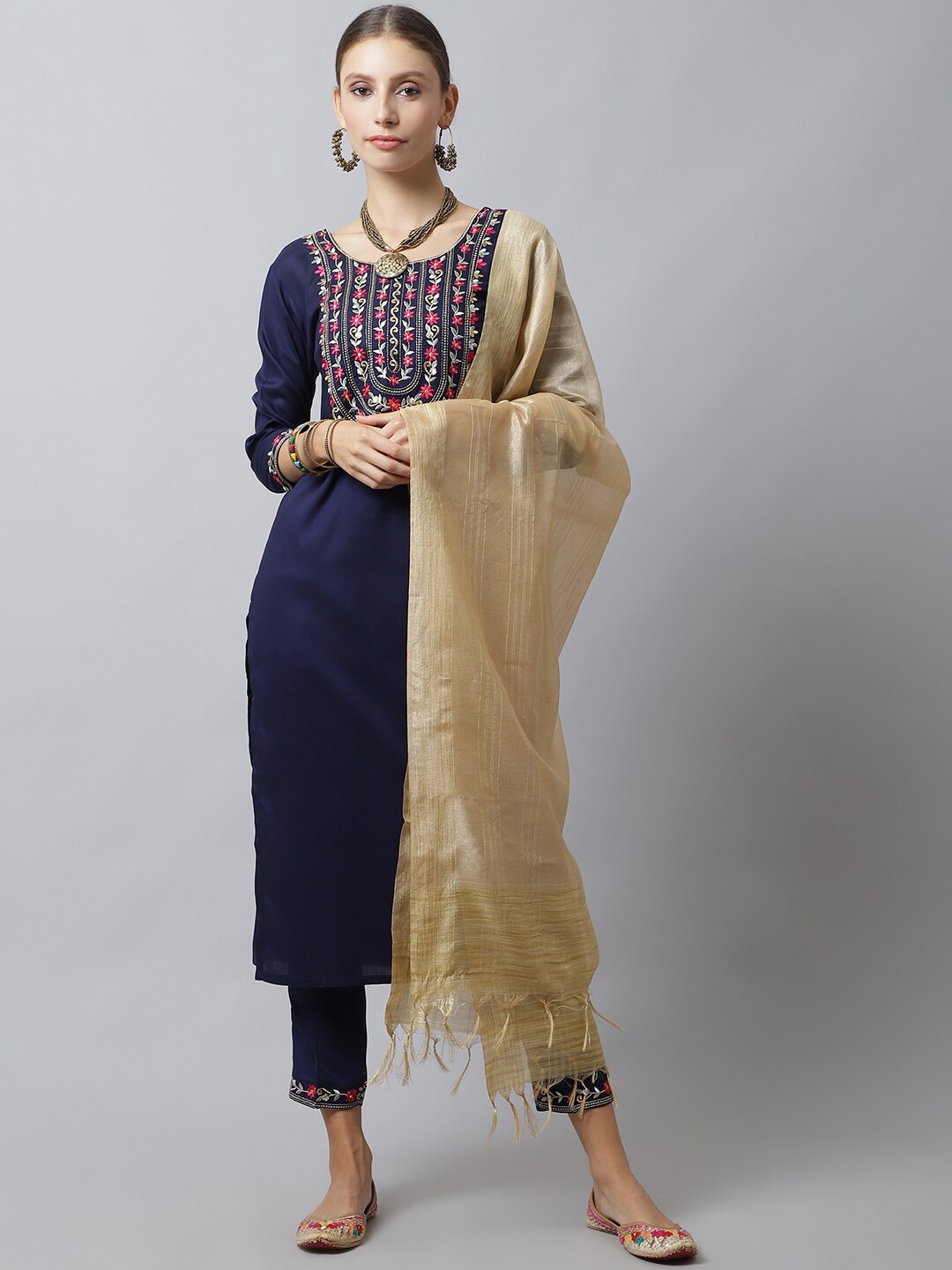 

Tulsattva Women Navy Blue Floral Embroidered Thread Work Kurta with Trouser & With Dupatta