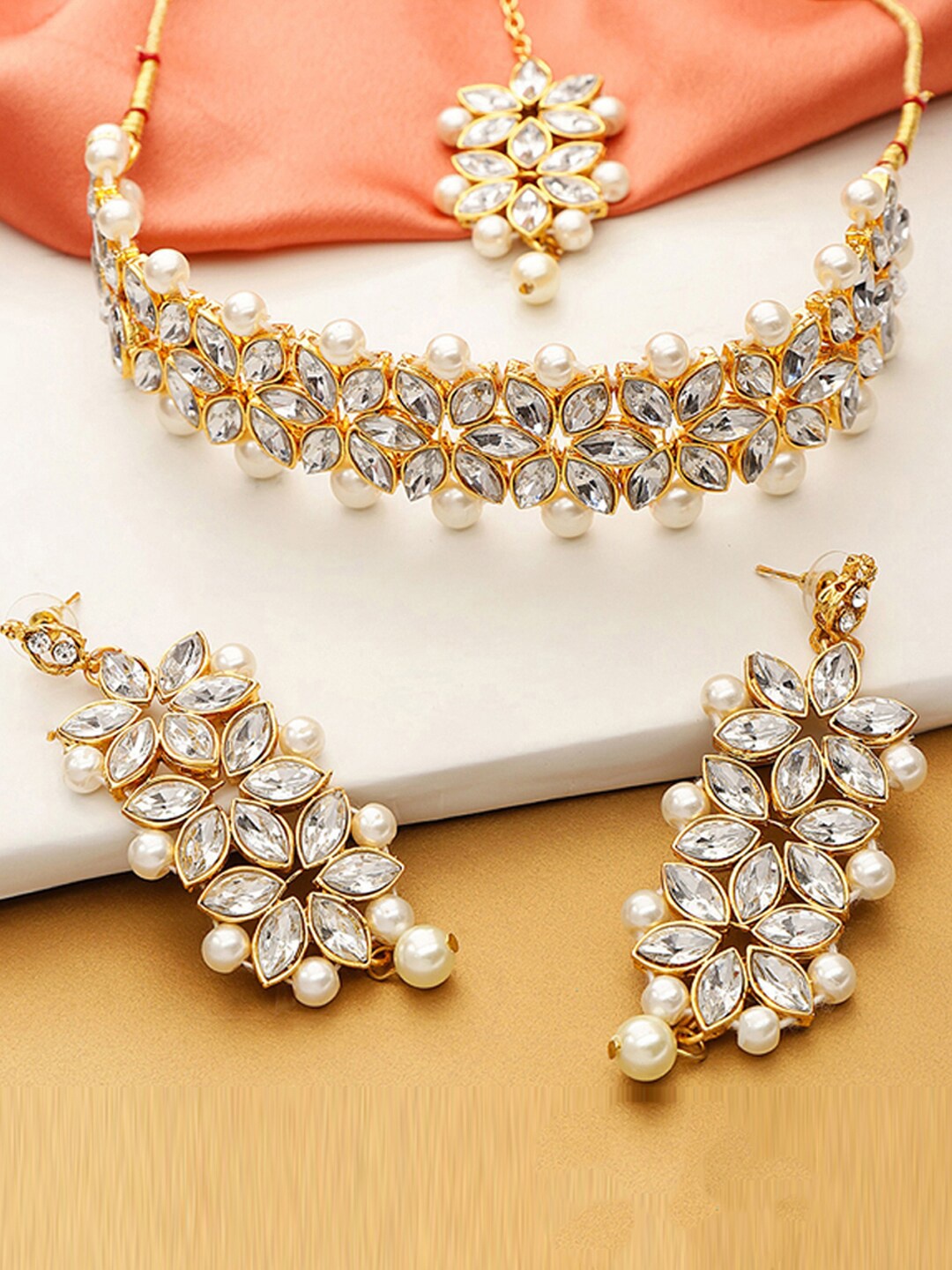 

Jewels Galaxy Gold-Plated & White Stone Studded & Beaded Jewellery Set