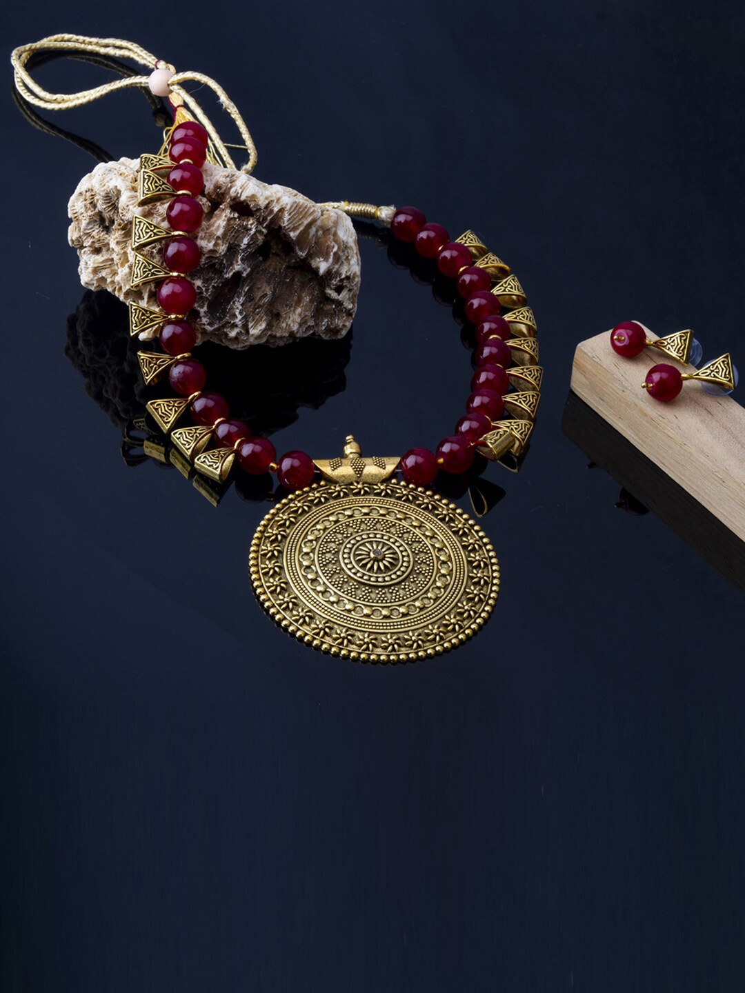 

Jewels Galaxy Gold-Plated Red Stone-Studded & Pearl Beaded Jewellery Set