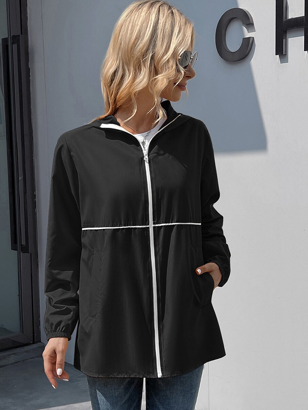 

StyleCast Women Black & White Solid Polyester Hooded Tailored Jacket