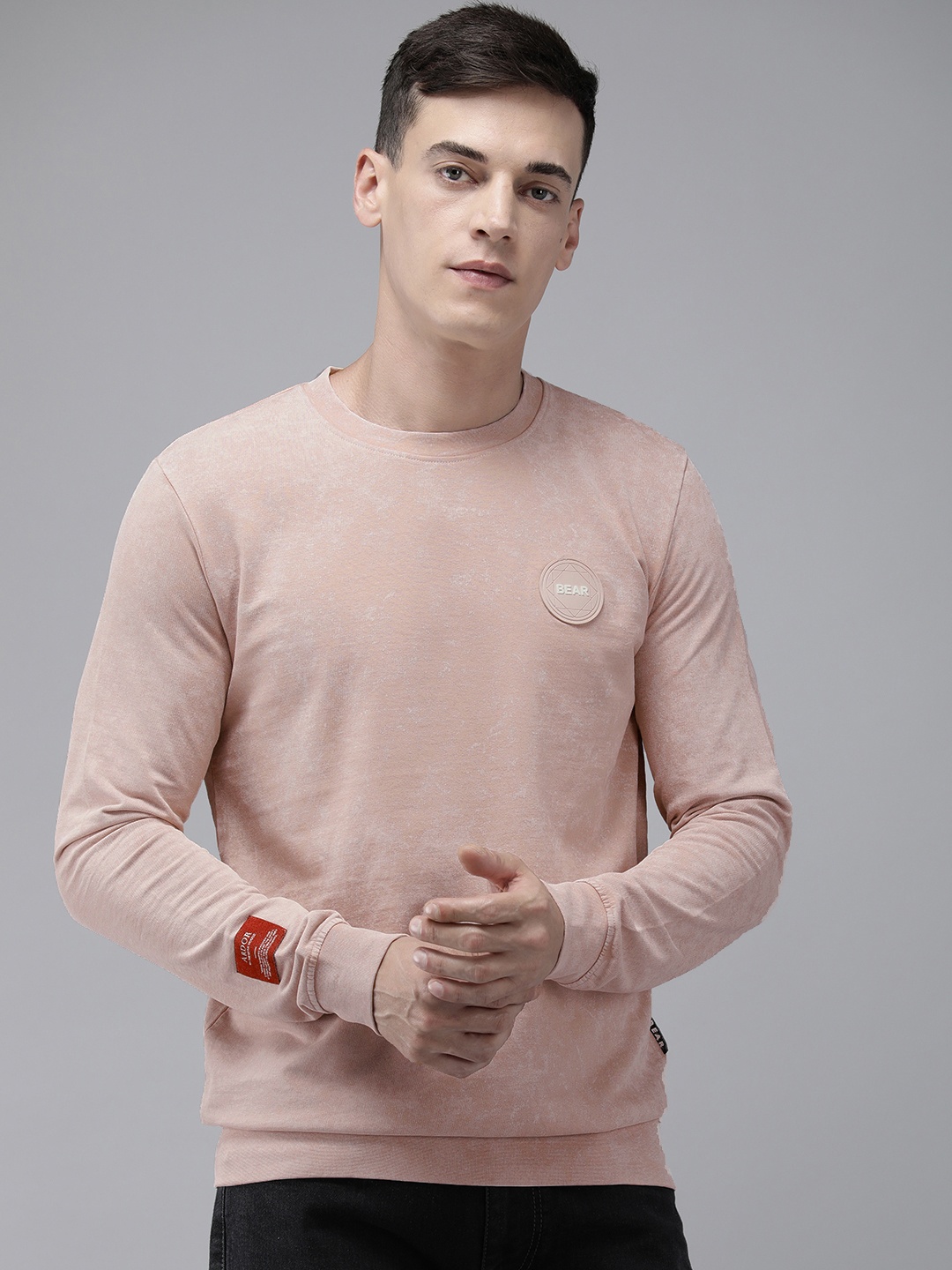 

THE BEAR HOUSE Ardor Edition Men Pink Solid Applique Pure Cotton Slim Fit Sweatshirt