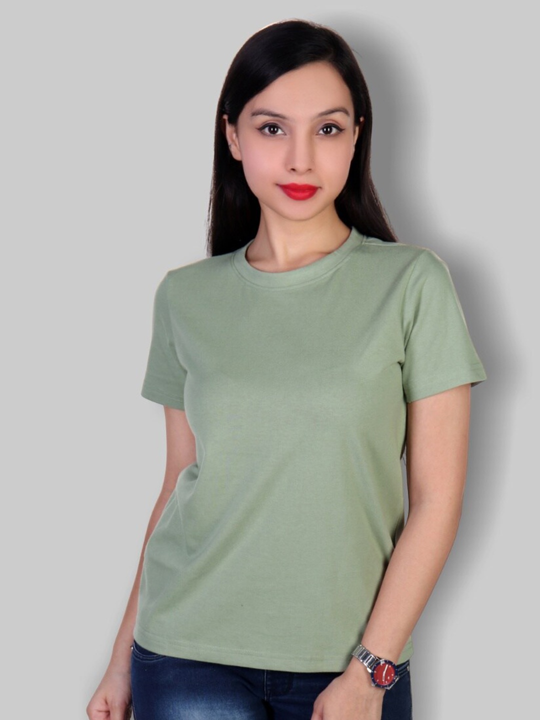 

The Label Bar Women Olive Green Cotton T-shirt