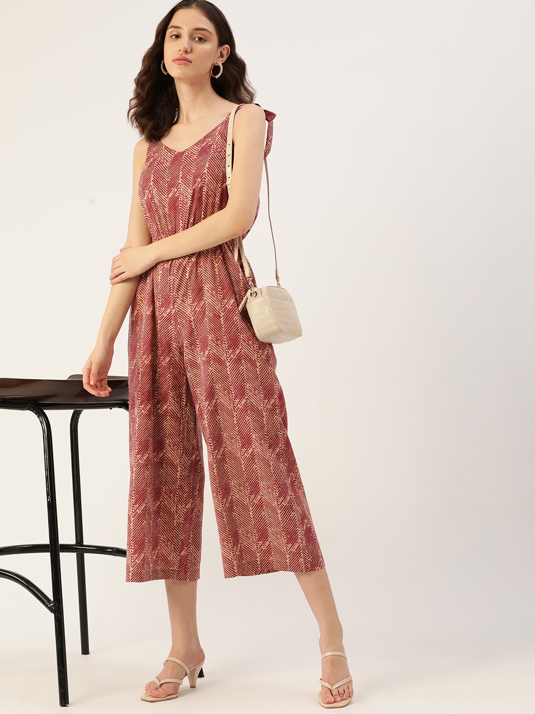 

DressBerry Violet & Beige Printed Pure Cotton Culotte Jumpsuit