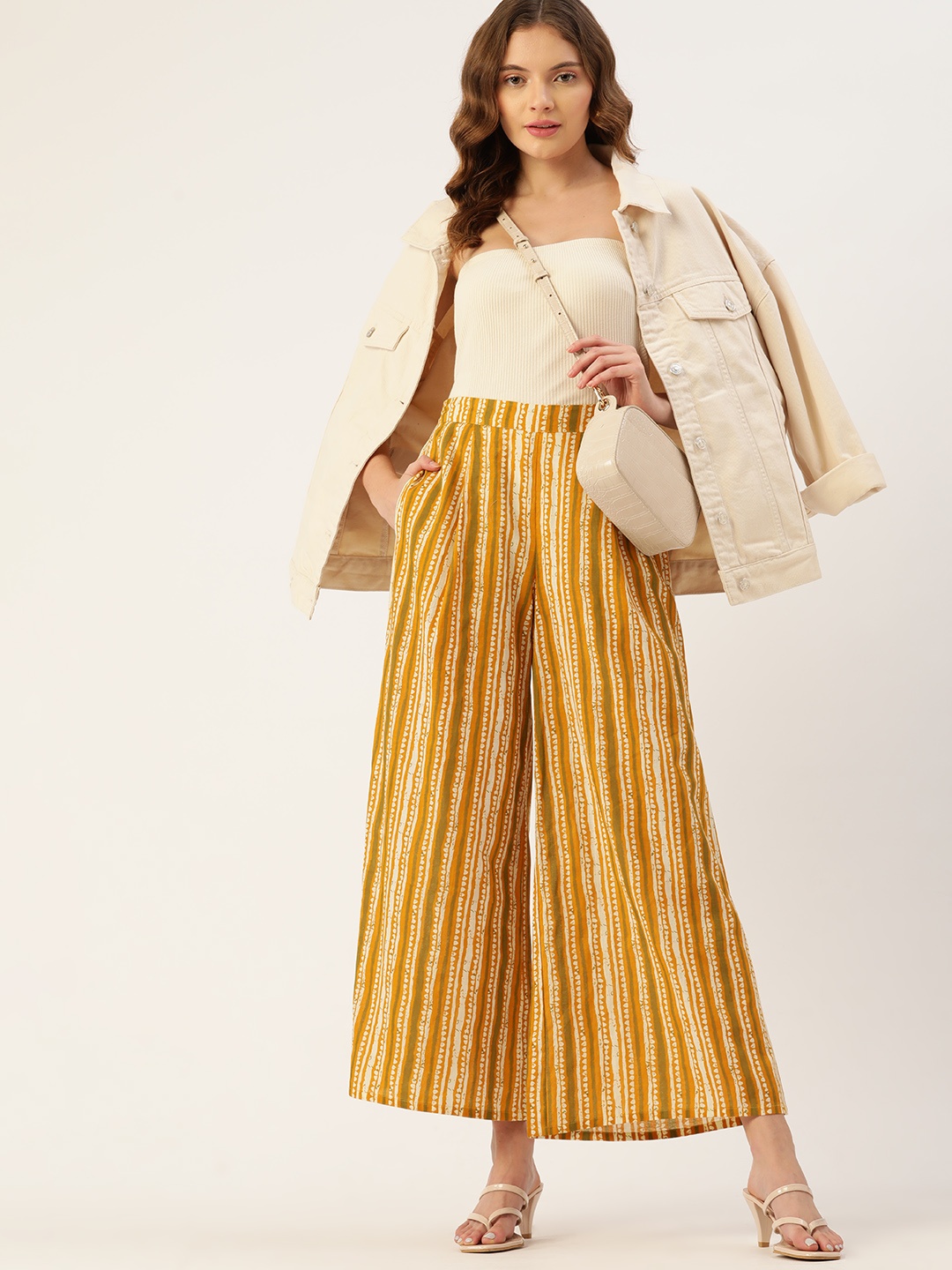 

DressBerry Women Mustard Yellow Striped Wide Leg Pure Cotton Palazzos