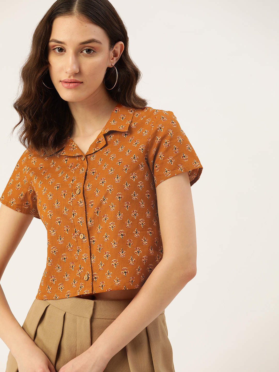 

DressBerry Women Rust Orange Ethnic Printed Modern Fit Casual Pure Cotton Shirt