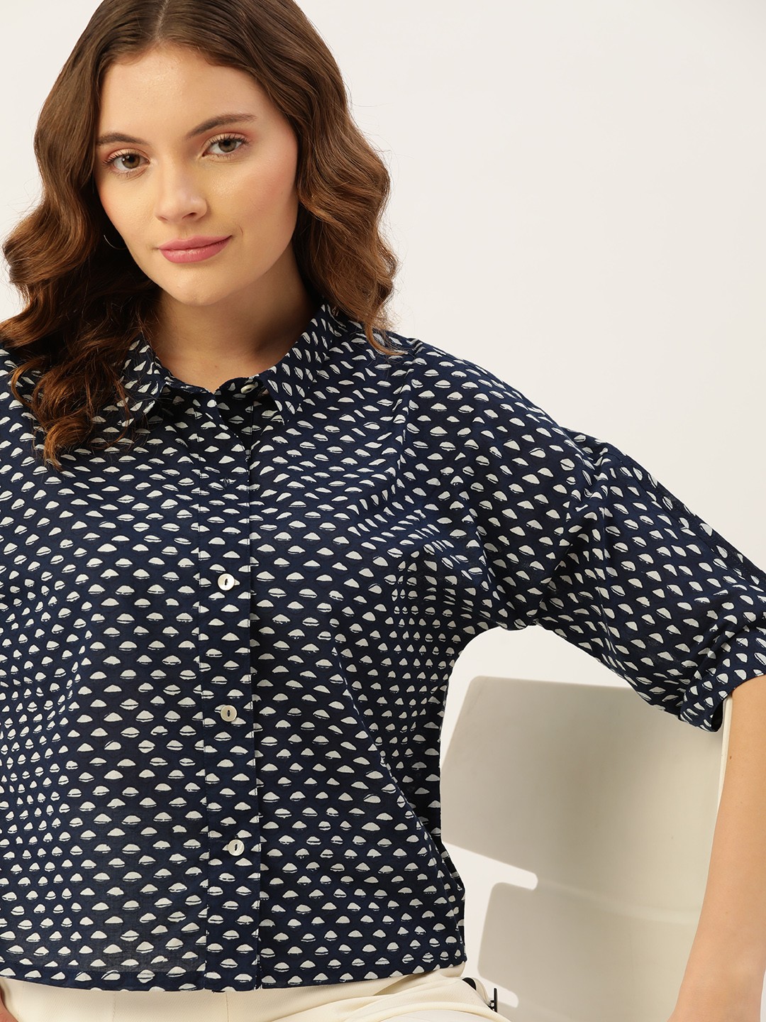 

DressBerry Women Navy Blue Printed Modern Boxy Fit Pure Cotton Casual Shirt