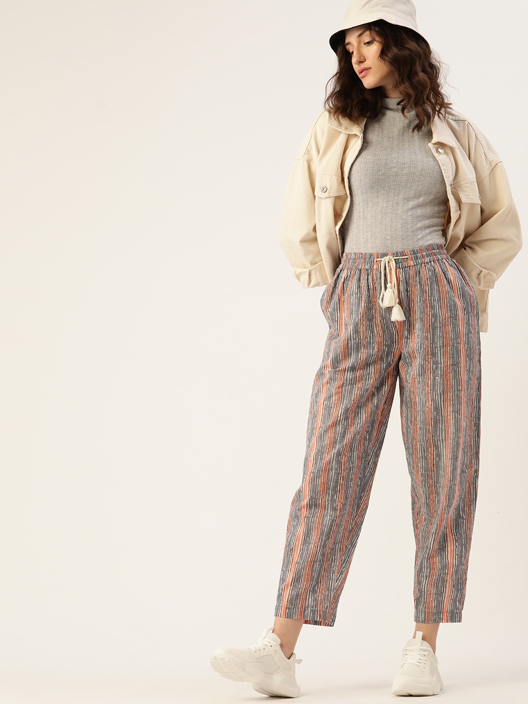 

DressBerry Women Grey & Peach-Coloured Striped Lounge Pants