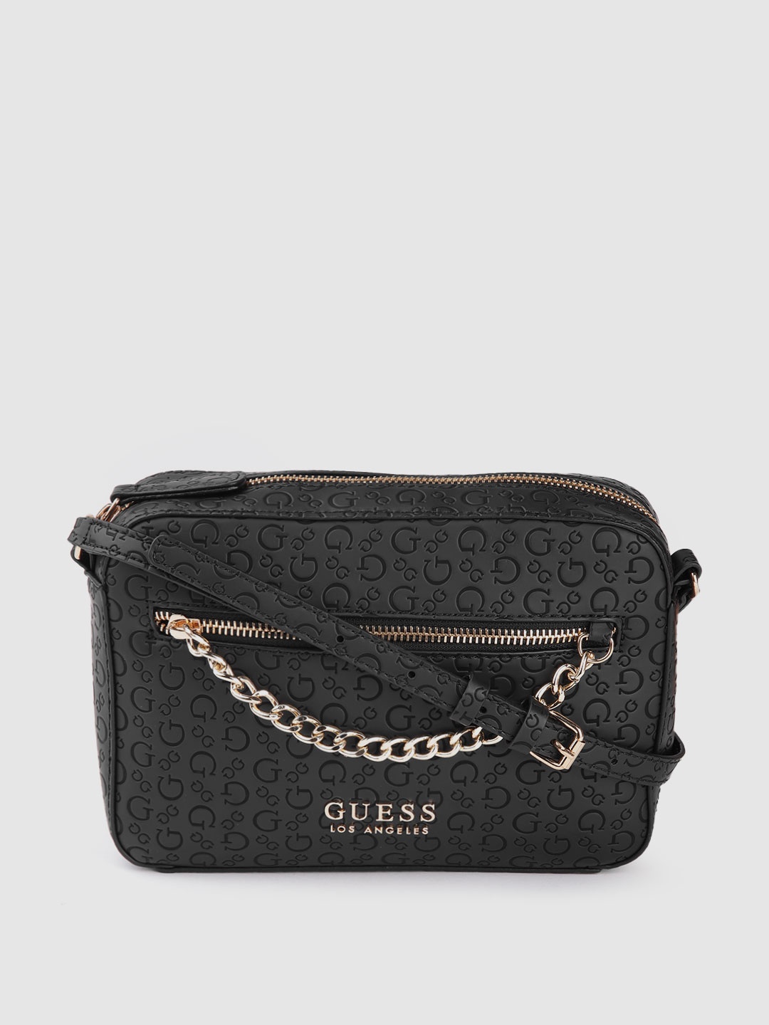 

GUESS Women Black Brand Logo Textured Structured Sling Bag