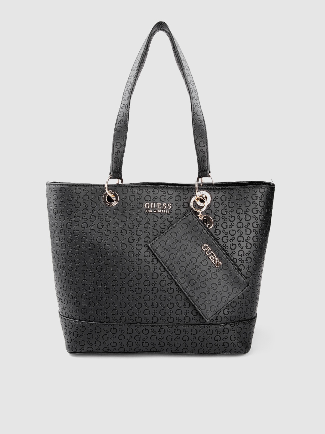 

GUESS Women Black Brand Logo Textured Structured Shoulder Bag with Pouch
