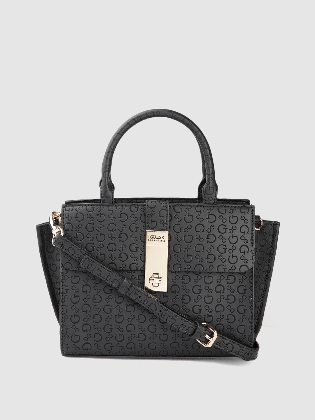 

GUESS Women Black Brand Logo Textured Structured Handheld Bag