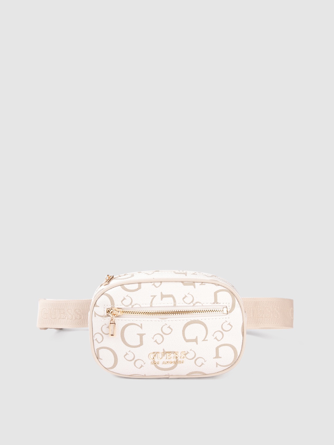 

GUESS Women Off White & Beige Brand Logo Printed Fanny Pack