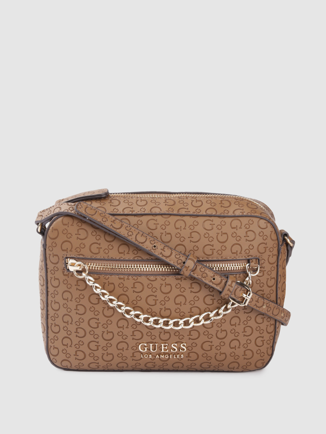 

GUESS Women Brown Brand Logo Textured Structured Sling Bag