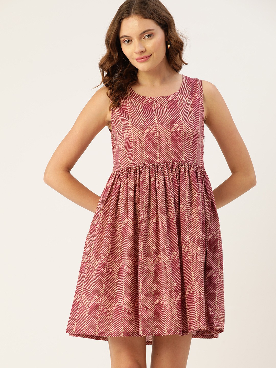 

DressBerry Violet & Beige Printed Pure Cotton A-Line Dress