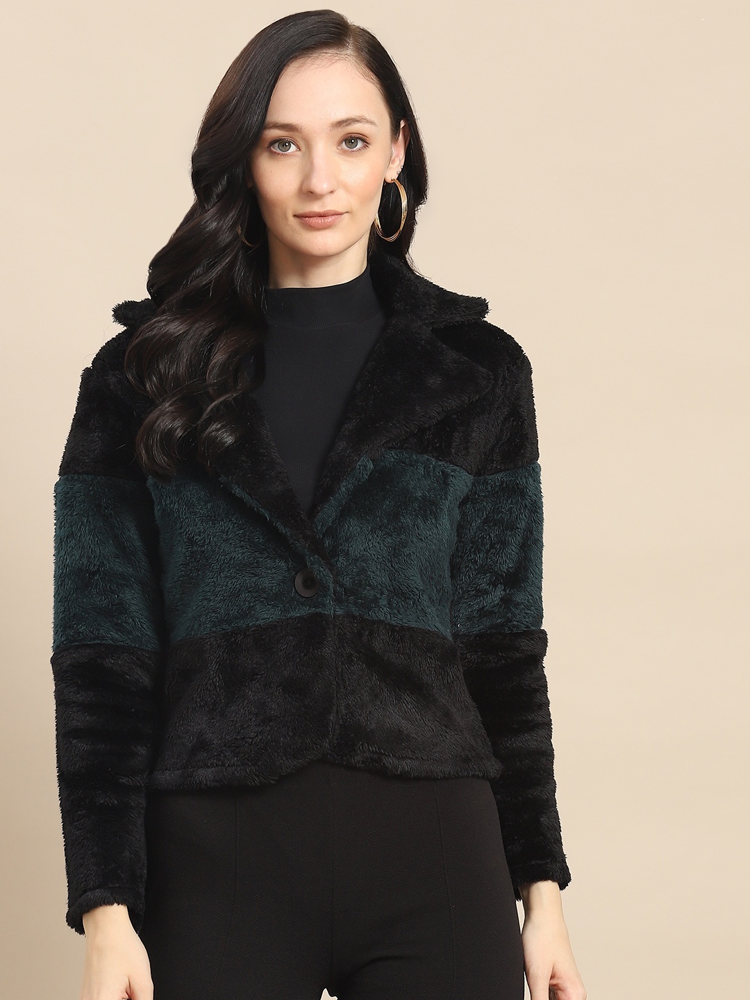 

WoowZerz Women Black & Green Striped Faux Fur Over Coat