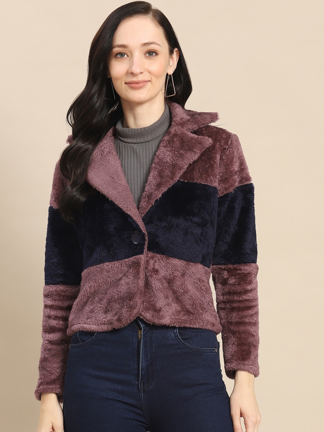 

WoowZerz Women Mauve & Navy Blue Colorblocked Over Coat