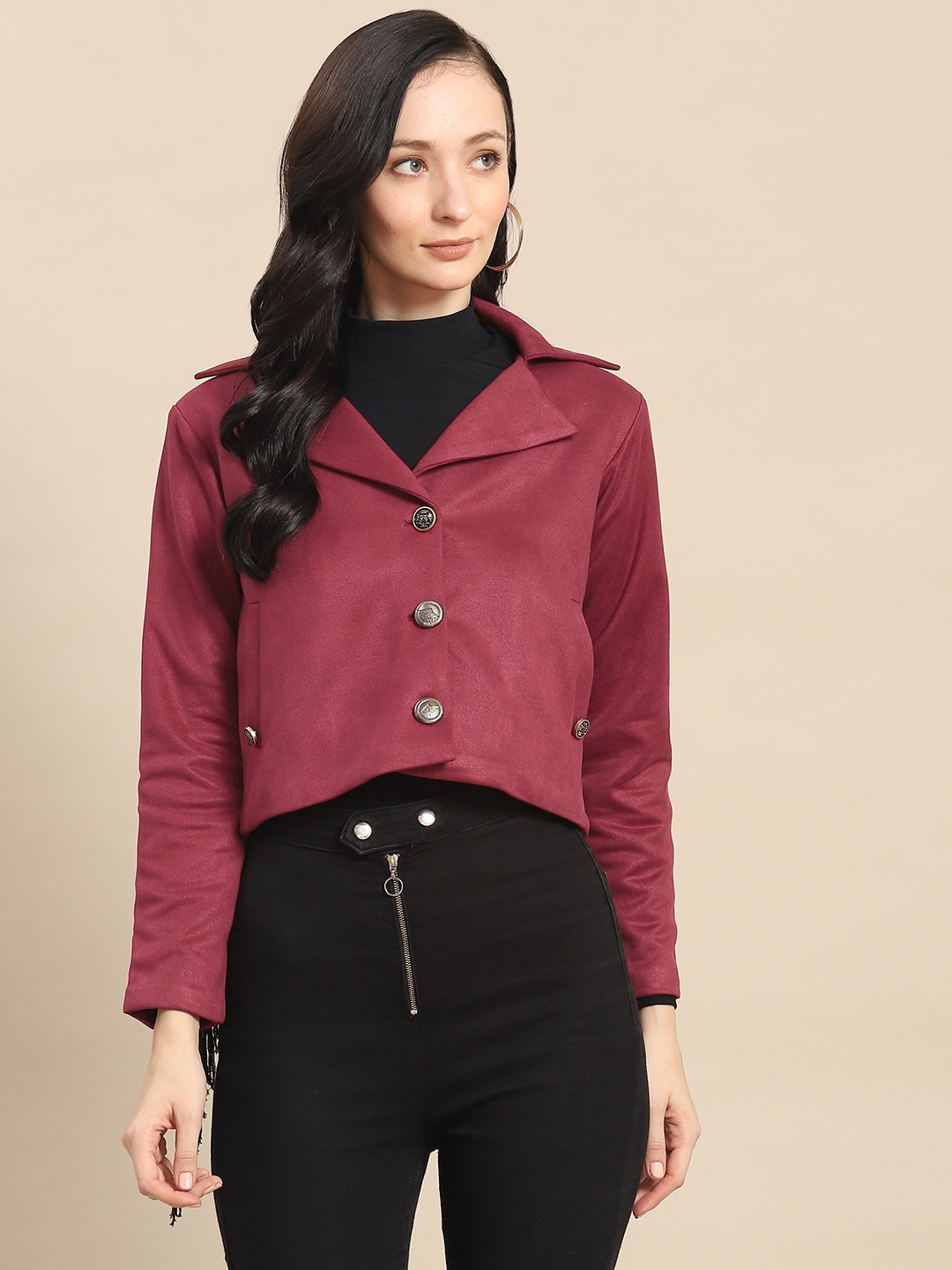 

WoowZerz Women Maroon Solid Crop Over Coat with Tassel Detail