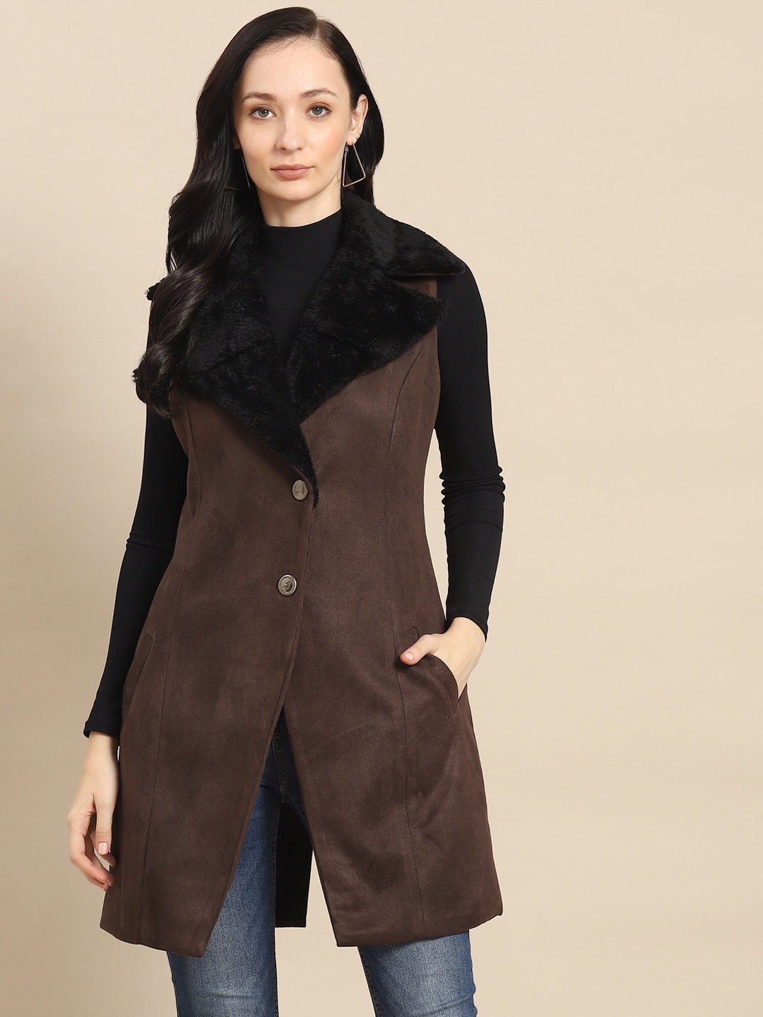 

WoowZerz Women Coffee Brown Solid Longline Overcoat