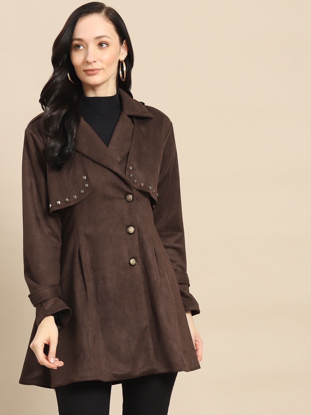 

WoowZerz Women Coffee Brown Solid Longline Over Coat