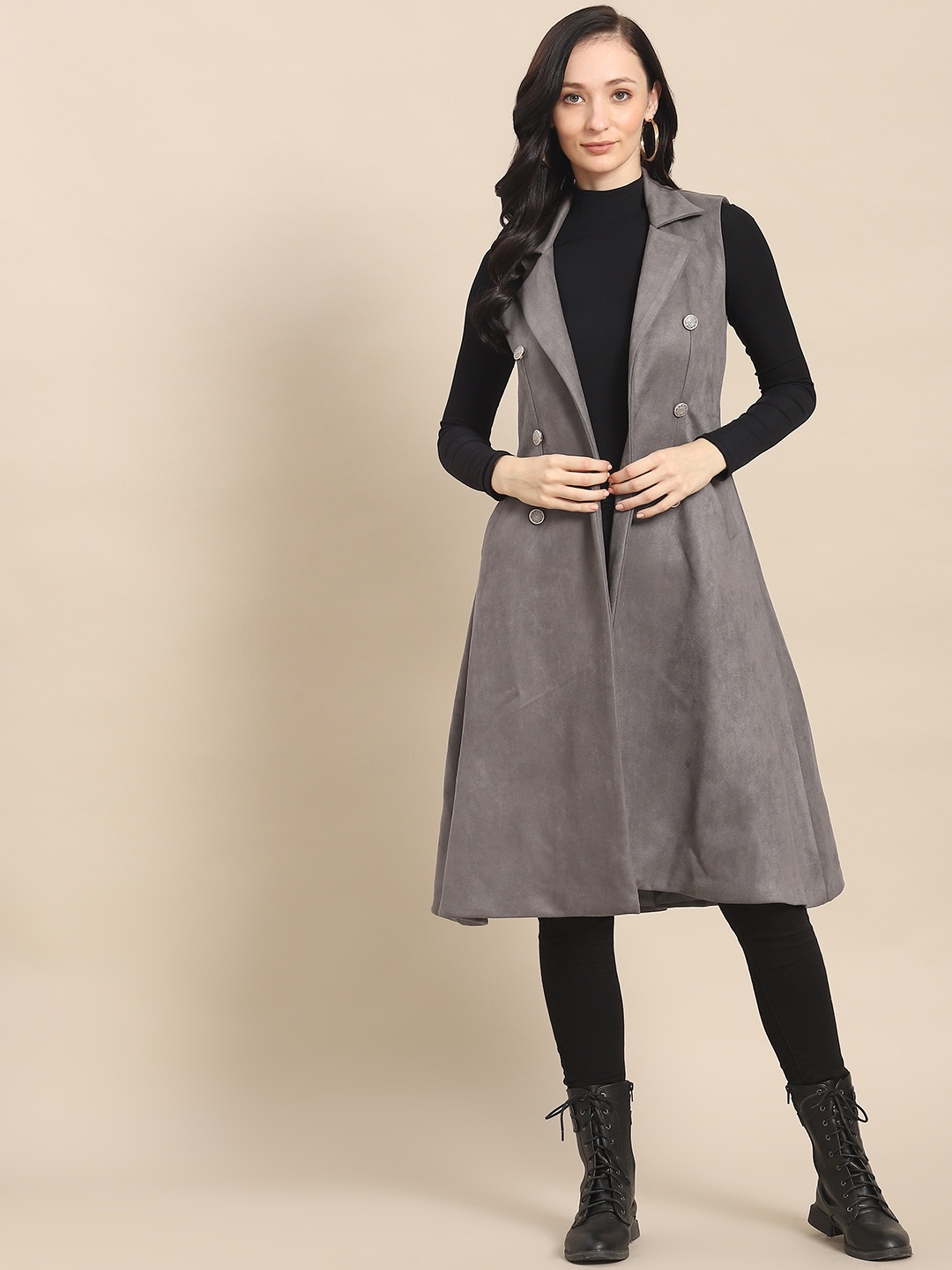 

WoowZerz Women Grey Solid Front Open Sleeveless Overcoat