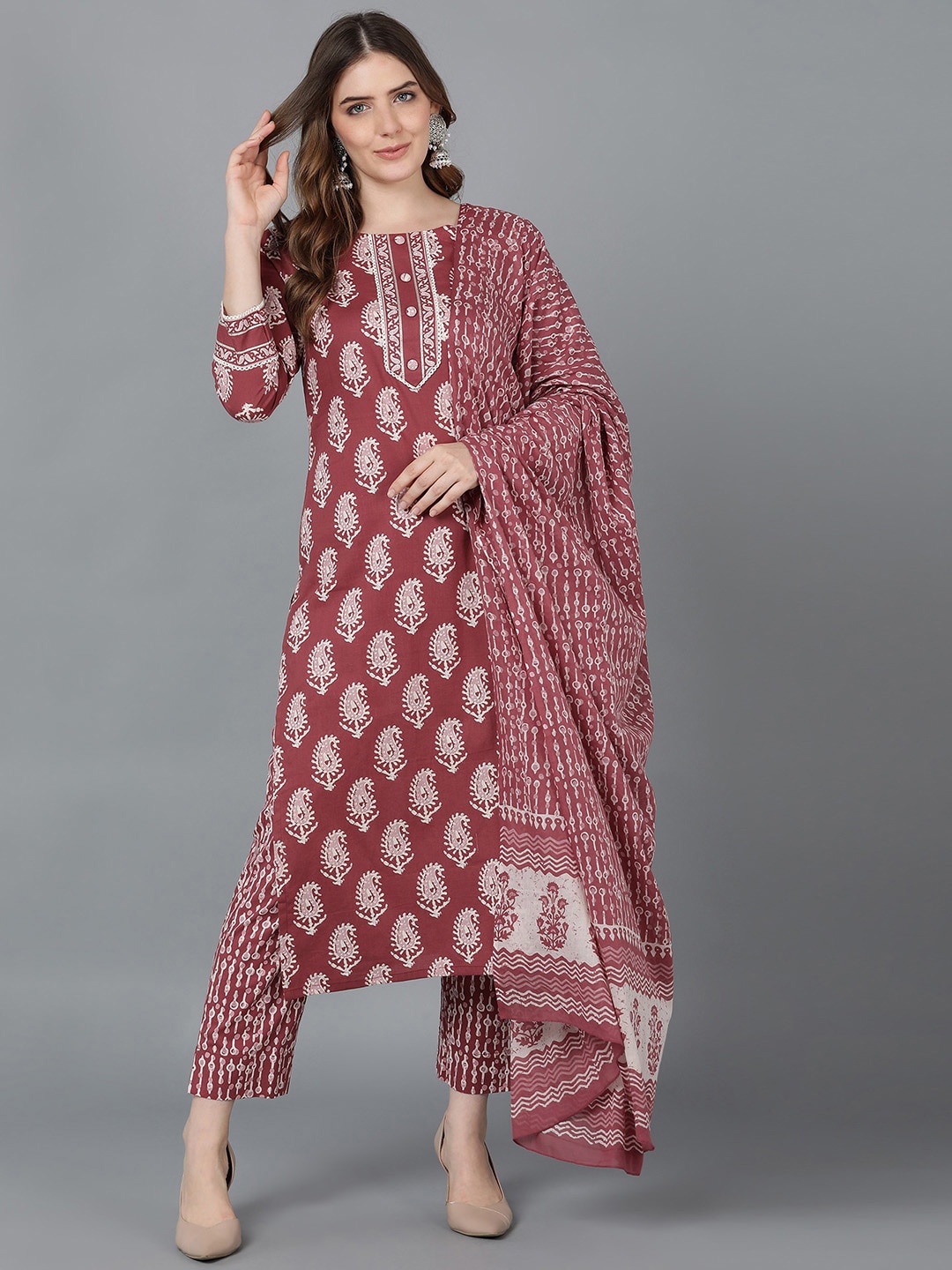 

AHIKA Women Mauve Paisley Printed Pure Cotton Kurta with Trousers & Dupatta