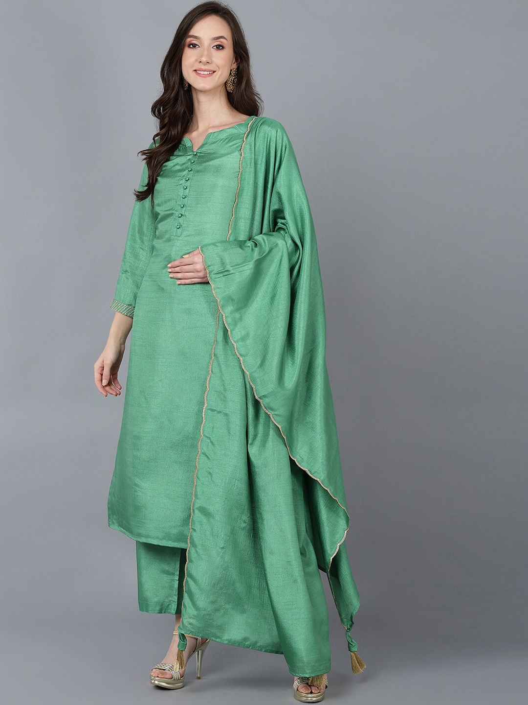

AHIKA Women Green Kurta with Trousers & With Dupatta