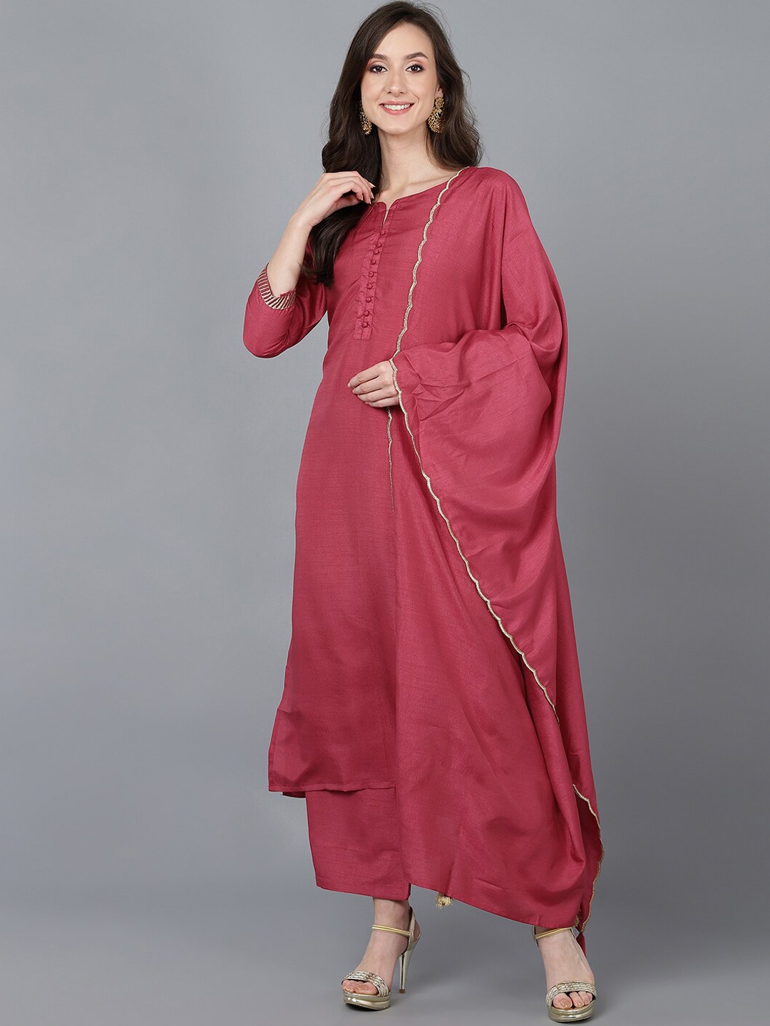 

AHIKA Women Coral Kurta with Trousers & With Dupatta