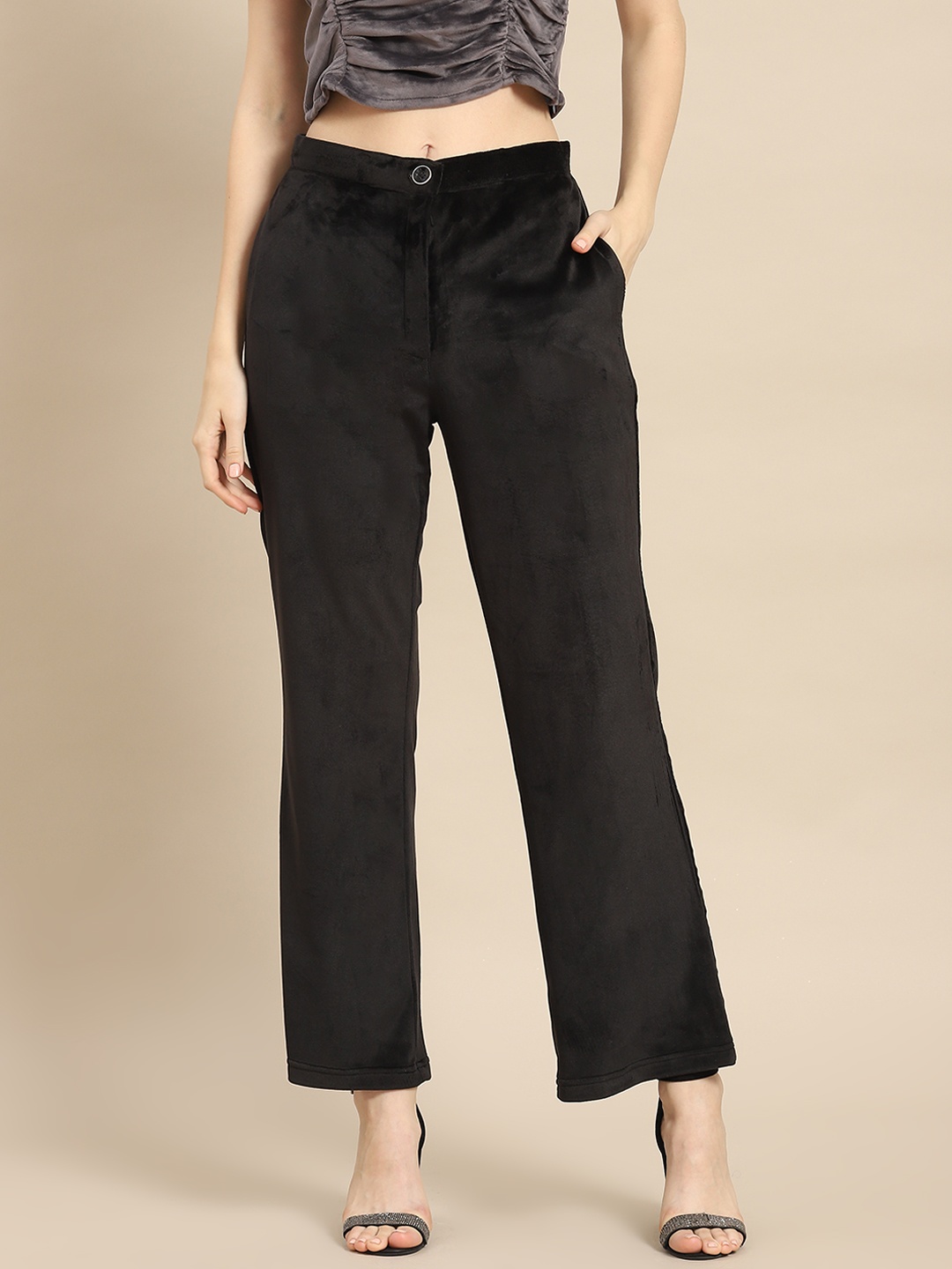 

WoowZerz Women Black Solid Velvet Smart Slim Fit High-Rise Crop Bootcut Trousers