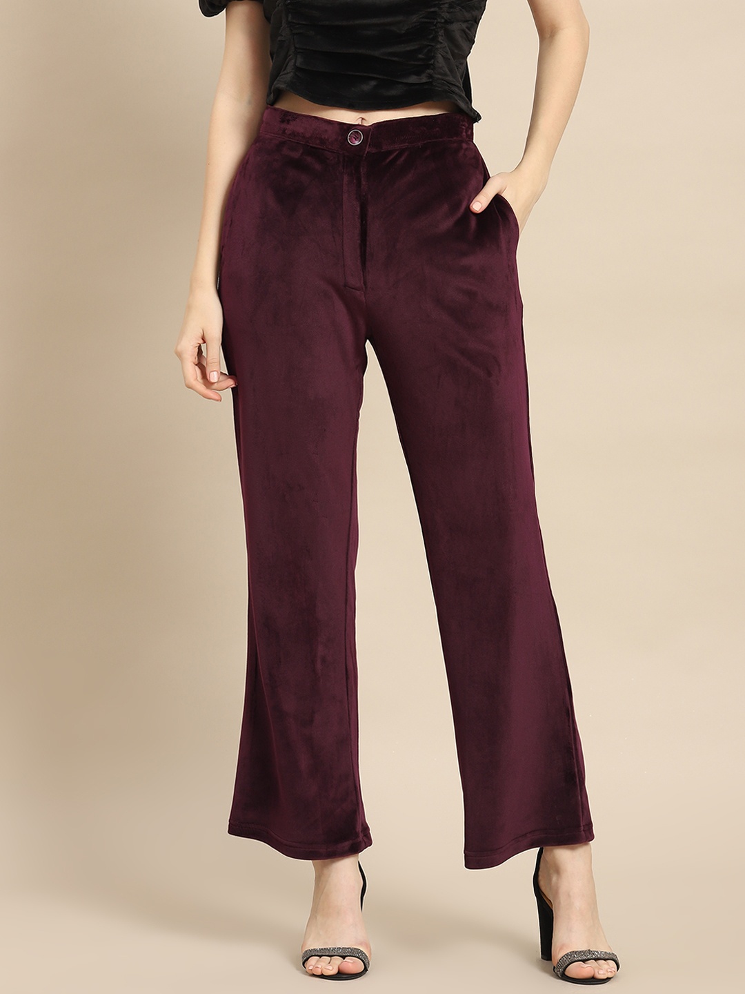 

WoowZerz Women Burgundy Solid Velvet Smart Slim Fit High-Rise Crop Bootcut Trousers