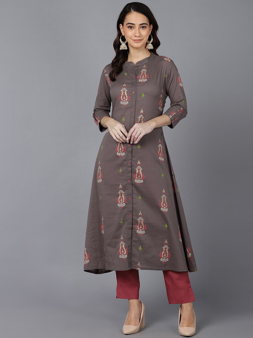 

AHIKA Women Taupe Floral Embroidered Cotton Thread Work Kurta