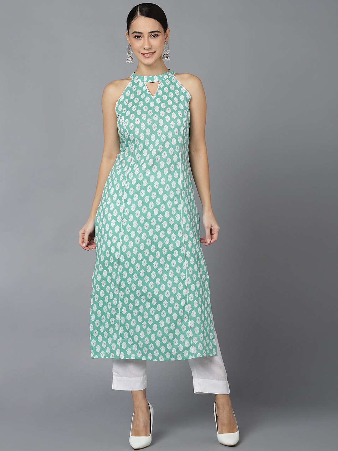 

AHIKA Women Sea Green & White Floral Printed Keyhole Neck Kurta
