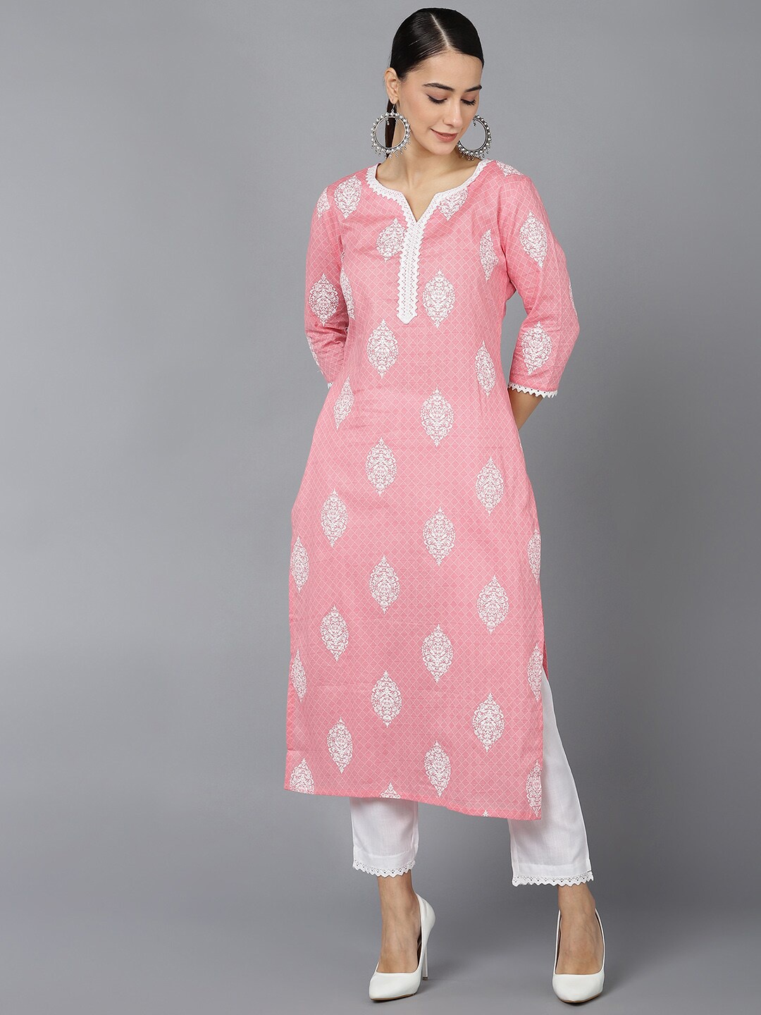 

AHIKA Women Pink & White Ethnic Motifs Printed Kurta