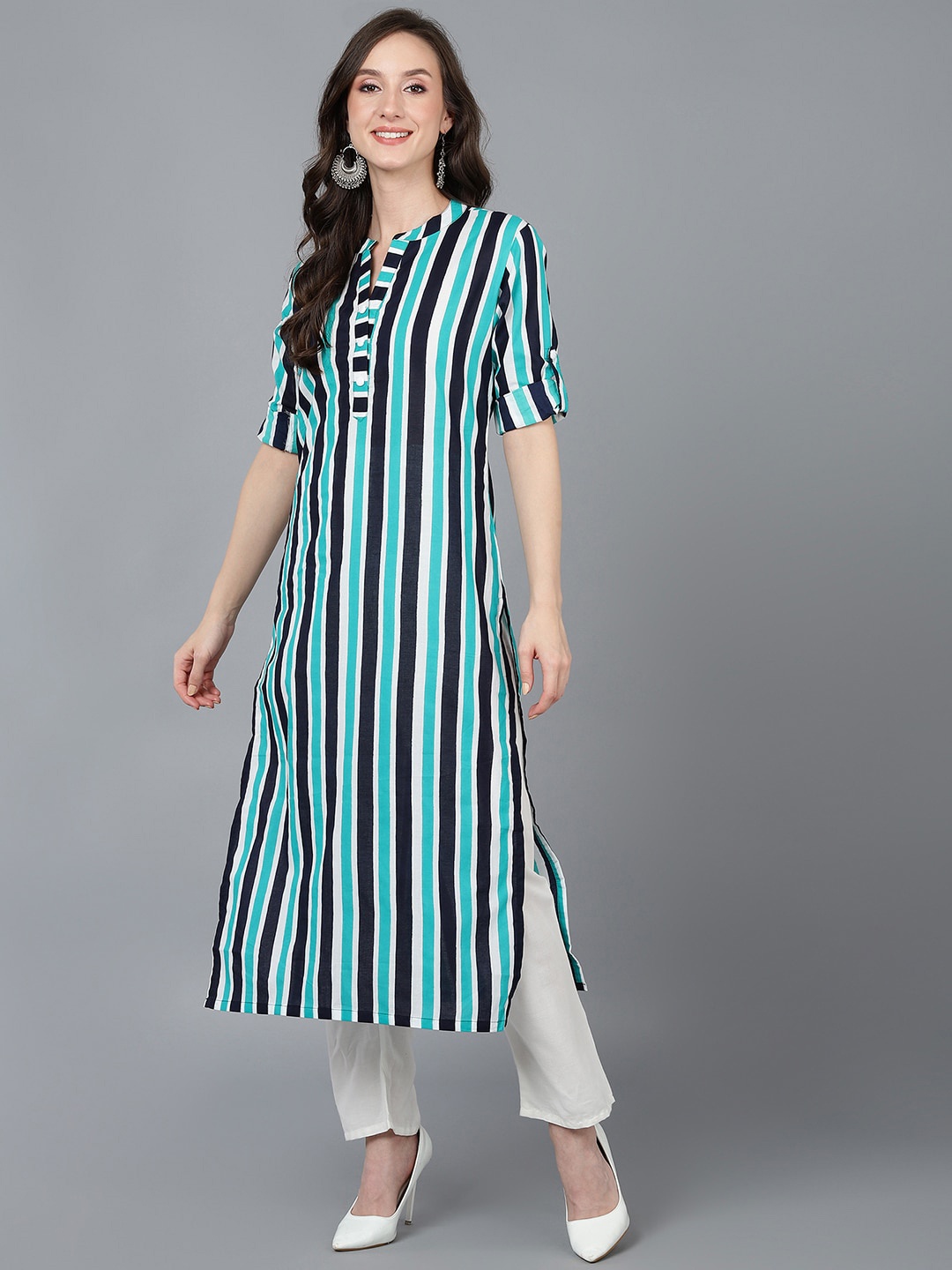 

AHIKA Women Green & Black Striped Cotton Kurta