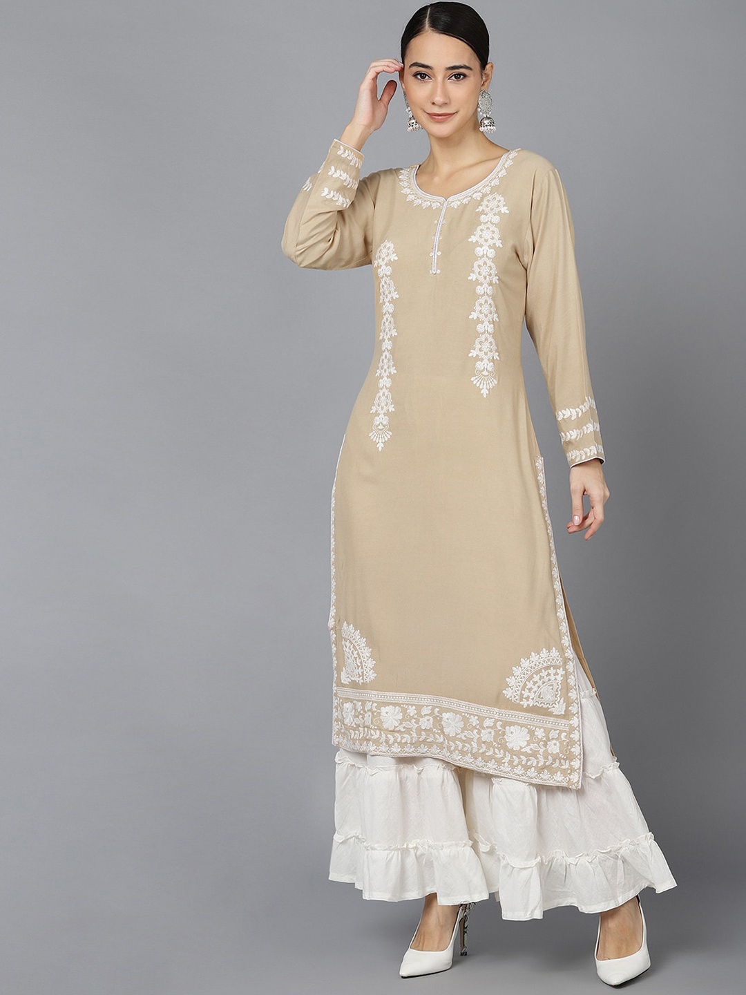

AHIKA Women Nude-Coloured Floral Embroidered Thread Work Kurta