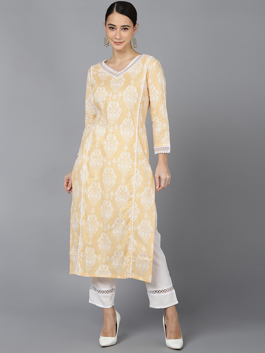 

AHIKA Women Orange & Off White Ethnic Motifs Printed Gotta Patti Kurta