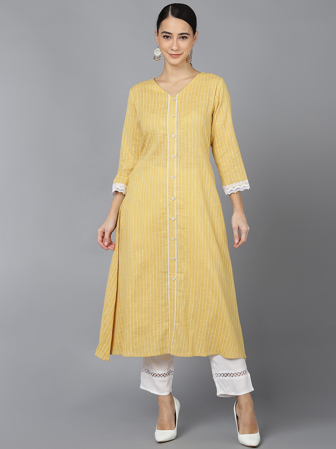 

AHIKA Women Yellow Striped A- Line Kurta