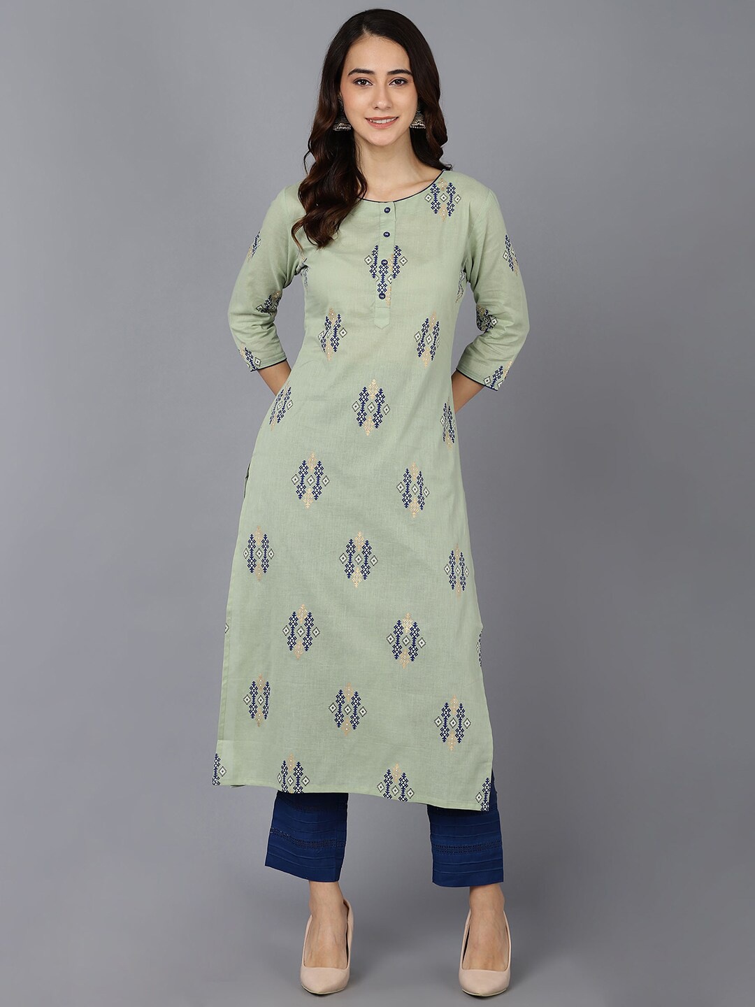 

AHIKA Women Green & Blue Quirky Printed Thread Work Kurta