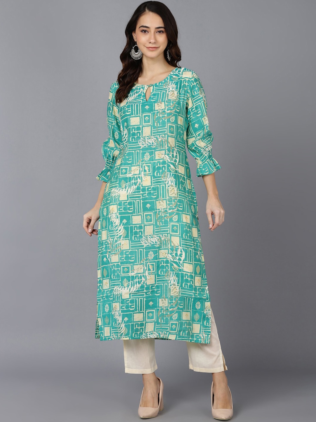 

AHIKA Women Turquoise Blue & Beige Geometric Printed Keyhole Neck Kurta