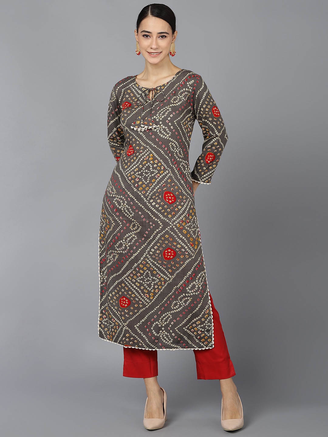 

AHIKA Women Taupe Bandhani Printed Pure Cotton Kurta
