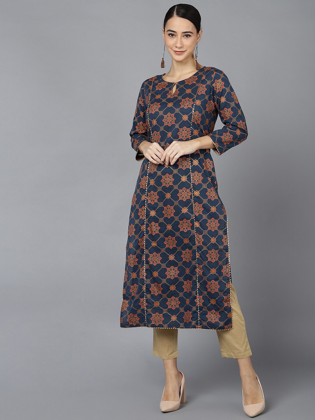 

AHIKA Women Navy Blue Ethnic Motifs Printed Keyhole Neck Kurta