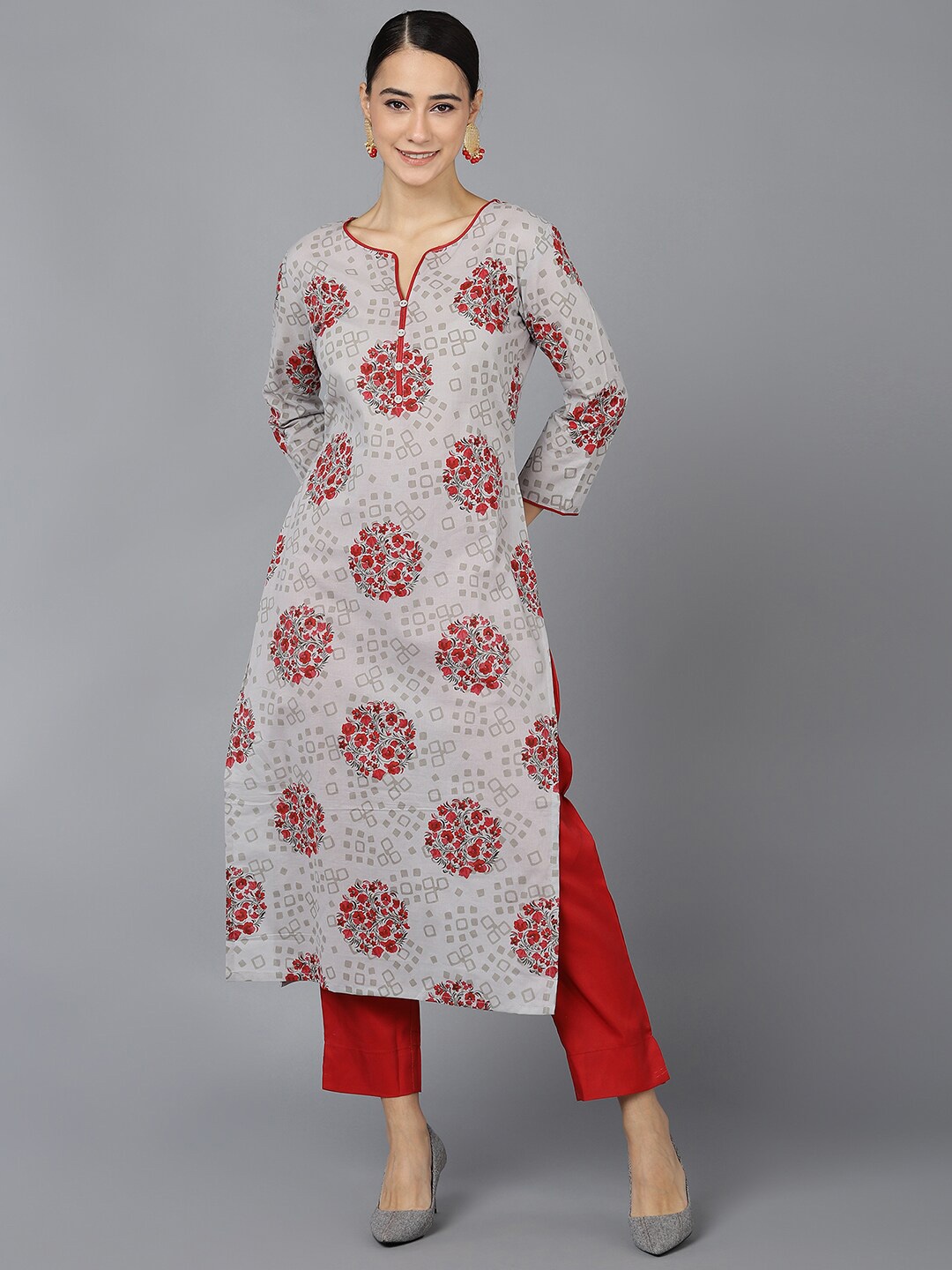 

AHIKA Women Grey & Red Pure Cotton Floral Printed Regular Sleeves Kurta