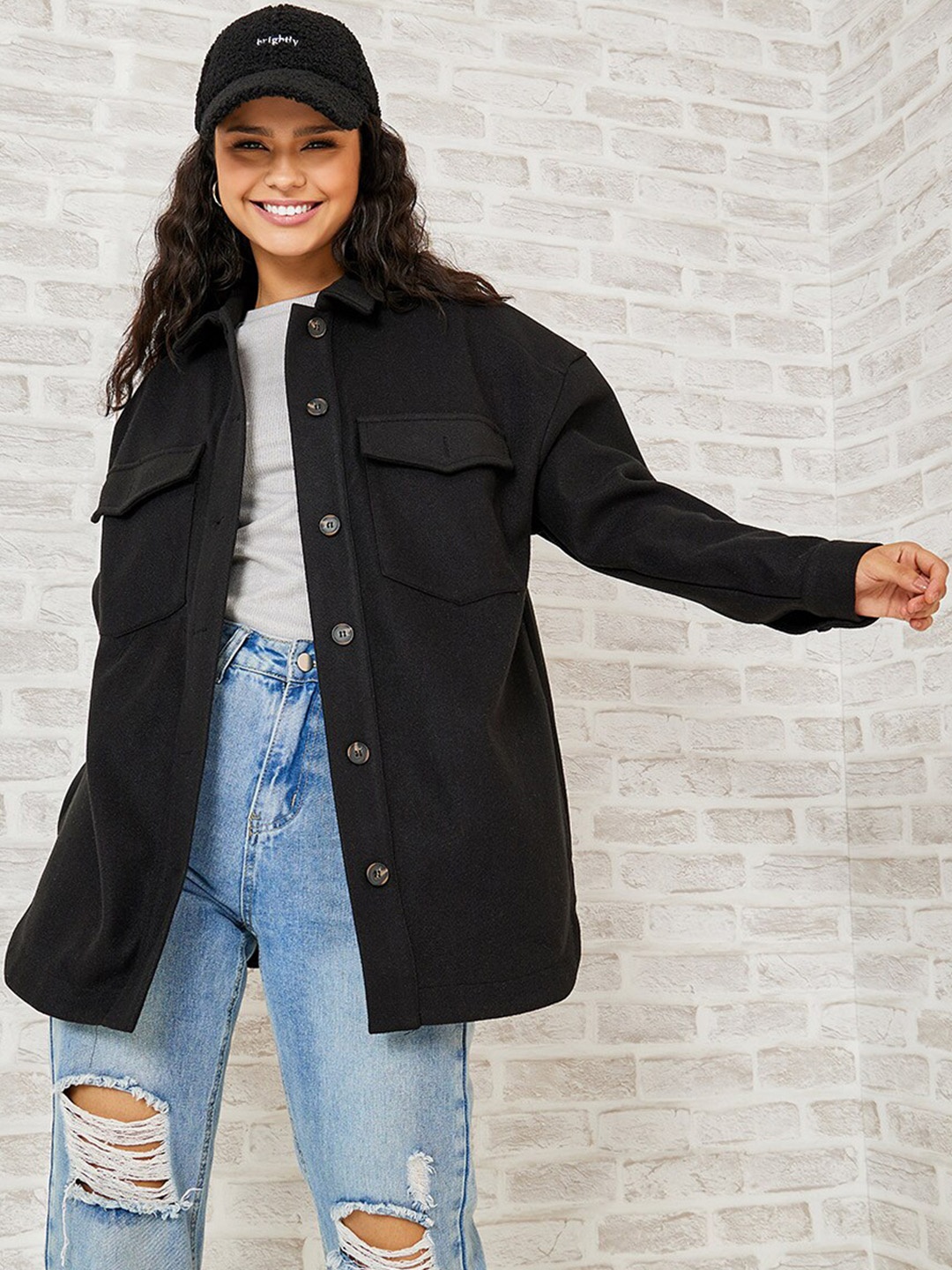 

Styli Women Black Oversized Fit Longline Wool-Like Shacket