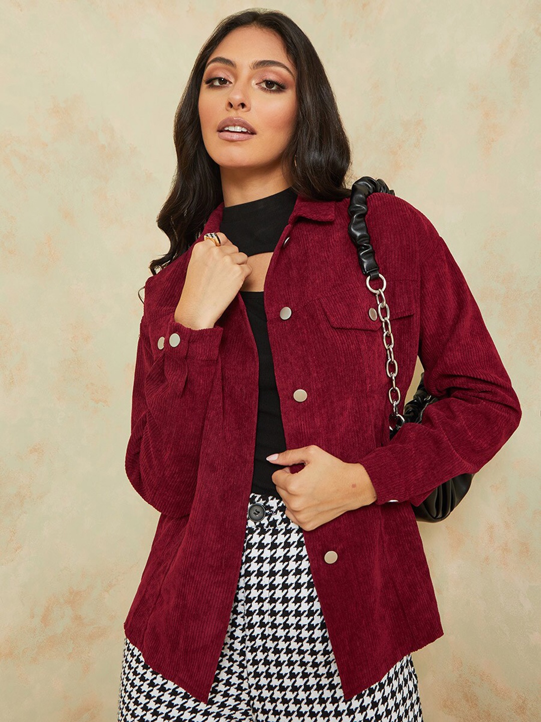

Styli Women Burgundy Regular Fit Corduroy Jacket with Flap Pockets