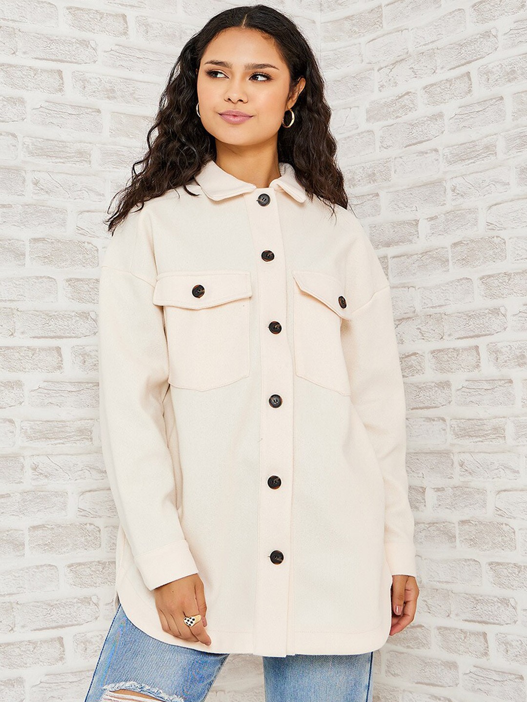 

Styli Women Off White Oversized Fit Longline Wool Jacket