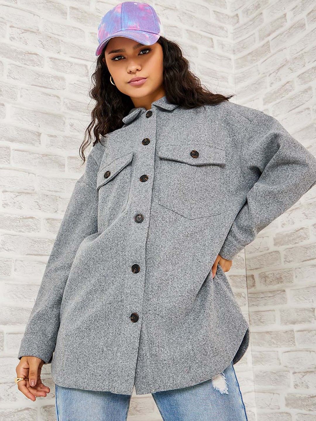 

Styli Women Grey Oversized Fit Longline Wool-Like Shacket